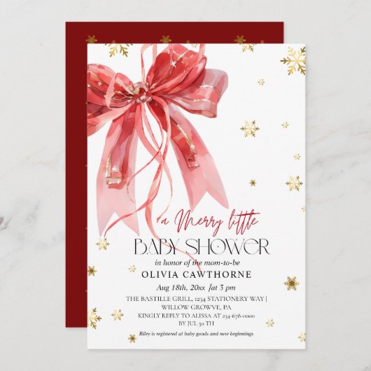 Invitation Winter Christmas Red Bow Baby Shower (Devant / Derrière)