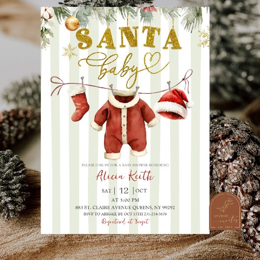 Invitation Winter Christmas Santa Clothesline Baby Shower