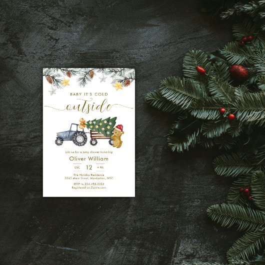 Invitation Winter Christmas Tree Tractor Bear Baby Shower