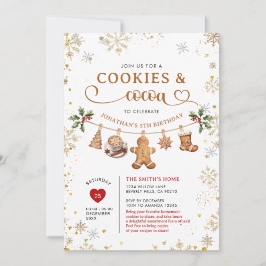 Invitation Winter Cookies & Cocoa Birthday Gold Snowflakes (Devant)