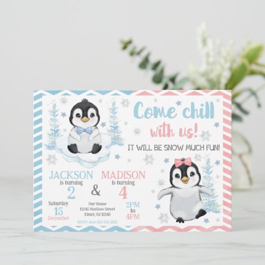 Invitation Winter Cute Penguins Joint Birthday (Debout devant)