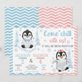 Invitation Winter Cute Penguins Joint Birthday (Devant / Derrière)