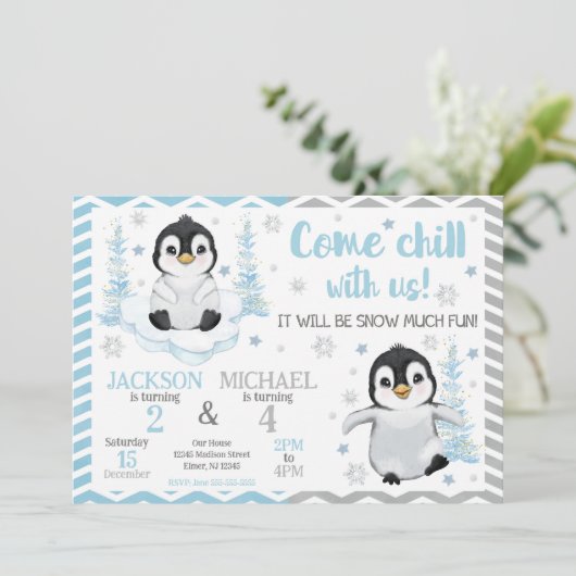 Invitation Winter Cute Penguins Joint Birthday (Debout devant)