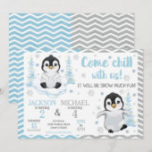 Invitation Winter Cute Penguins Joint Birthday (Devant / Derrière)
