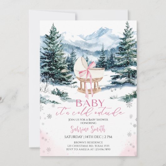 Invitation Winter Cute Pink Bow Cradle Baby Shower (Devant)