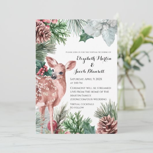 Invitation Winter Deer, Pinecones et Holly Virtual Mariage (Debout devant)