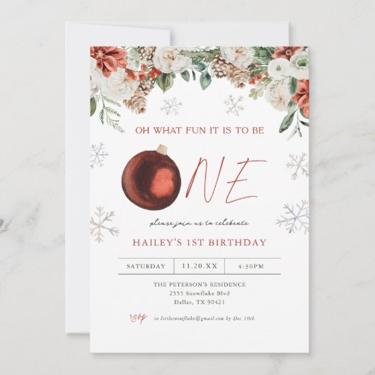 Invitation Winter Floral Oh What Fun Girl 1er anniversaire fê (Devant)