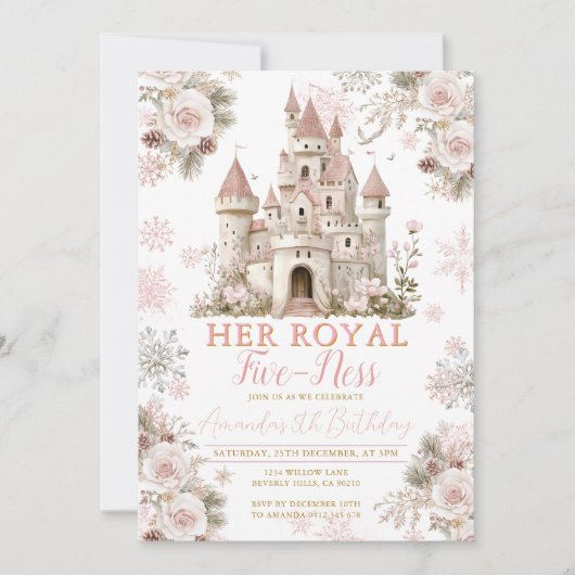 Invitation Winter Floral Snowflake  royal fiveness Birthday (Devant)