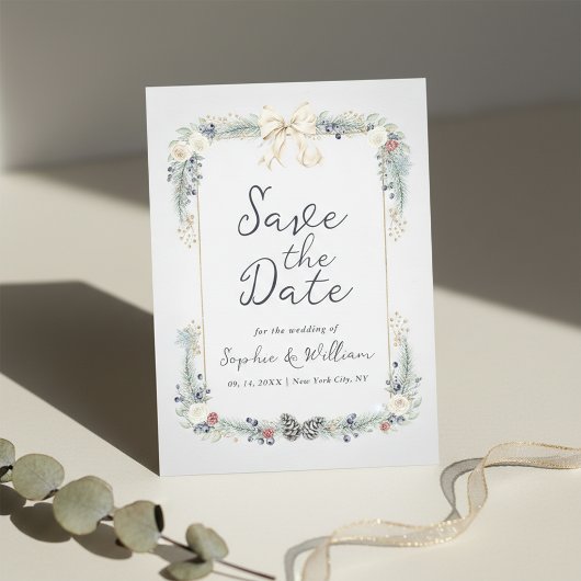 Invitation Winter Floral Wedding Flat Save The Date Card