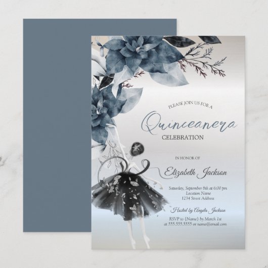 Invitation  Winter Flowers Ballerina Silver Quinceanera (Devant / Derrière)