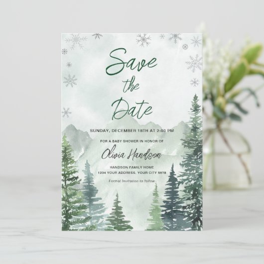 Invitation Winter Forest Baby Shower Save the Date (Debout devant)