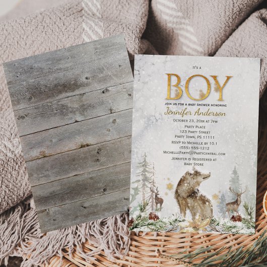 Invitation Winter Forest Boy Country Wolf Deer Baby shower
