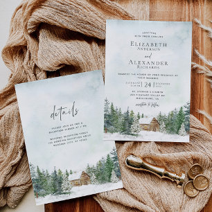 Invitation Winter Forest Cabine Pine Trees Détails du Mariage