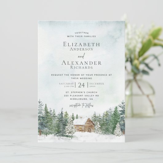 Invitation Winter Forest Cabine Pine Trees Détails du Mariage (Debout devant)
