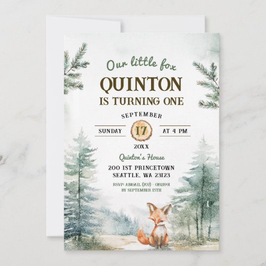 Invitation Winter Forest Fox 1er anniversaire (Devant)