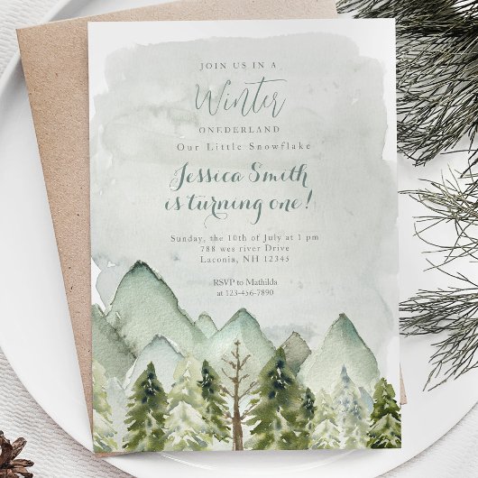 Invitation Winter Forest Mountain Onederland 1er anniversaire