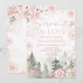 Invitation Winter Forest Pink Snow In Love Christmas Birthday (Devant / Derrière)