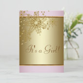 Invitation Winter Gold Pink Snowflakes Baby Girl Douche (Debout devant)
