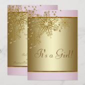 Invitation Winter Gold Pink Snowflakes Baby Girl Douche (Devant / Derrière)
