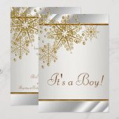 Invitation Winter Gold White Snowflakes Baby Boy Show (Devant / Derrière)