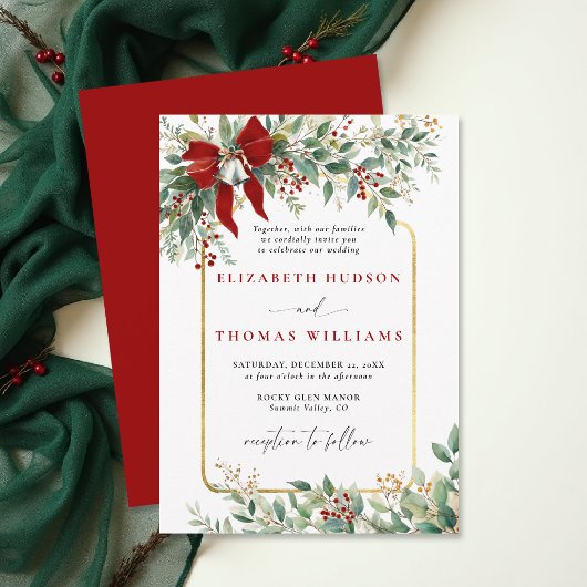 Invitation Winter Greenery Red Bow Bells Rustic Frame Wedding