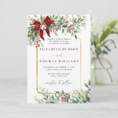 Invitation Winter Greenery Red Bow Bells Rustic Frame Wedding (Debout devant)