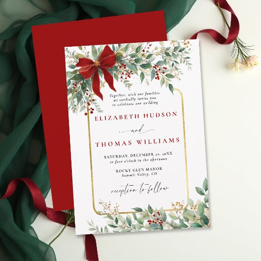 Invitation Winter Greenery Red Bow Rustic *Gold Frame Wedding