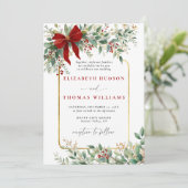 Invitation Winter Greenery Red Bow Rustic *Gold Frame Wedding (Debout devant)
