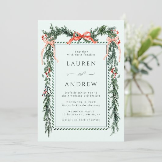 Invitation Winter Greens Garland Wedding All in One Mint (Debout devant)
