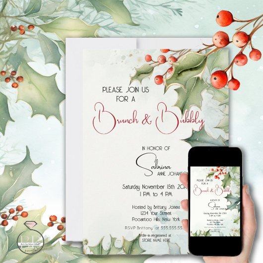 Invitation Winter Holly et Berries Brunch et Bubbly