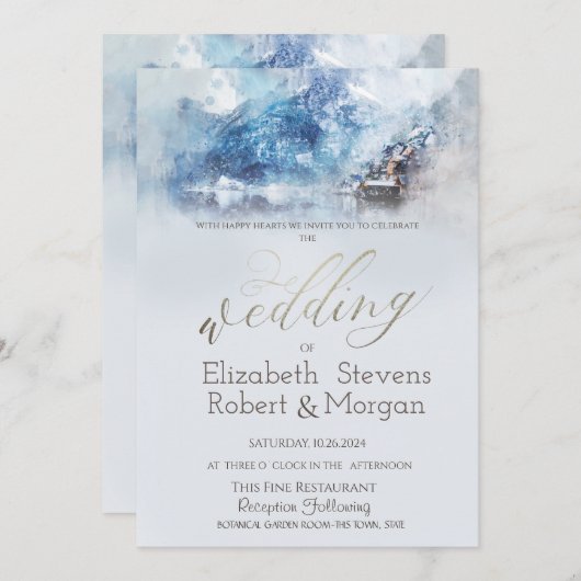 Invitation Winter Mountain Lake Mariage de neige (Devant / Derrière)