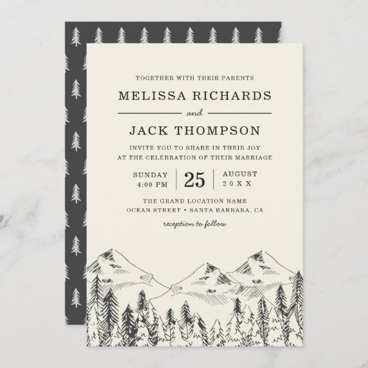 Invitation Winter Mountain Pine Tree Forest Mariage rustique (Devant / Derrière)