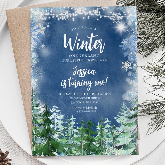 Invitation Winter Navy Snowflakes Onederland 1er anniversaire