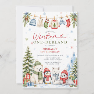 Invitation Winter Onederland 1er Anniversaire Arbres Animaux