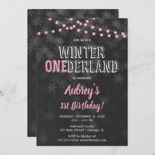 Invitation Winter Onederland 1er anniversaire fille rose noir (Devant / Derrière)