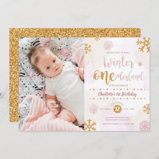 Invitation Winter Onederland 1er anniversaire Rose Gold and G (Devant / Derrière)