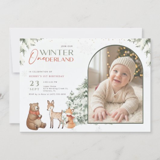 Invitation Winter Onederland Arch Photo Baby First Birthday (Devant)