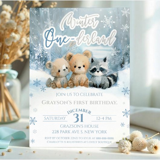 Invitation Winter Onederland Bear Baby Blue First Birthday