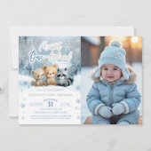 Invitation Winter Onederland Bear Blue First Birthday Photo (Devant)