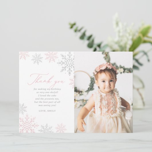 Invitation Winter Onederland Birthday Photo Thank You Card (Debout devant)