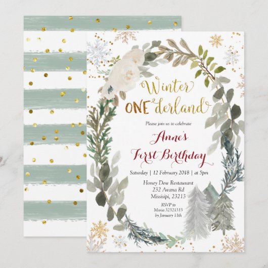 Invitation Winter Onederland Blanc Floral Anniversaire Invita (Devant / Derrière)