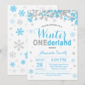 Invitation Winter Onederland Bleu et Argent Garçon 1er Annive (Devant / Derrière)
