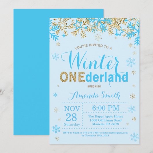 Invitation Winter Onederland Blue and Gold Boy 1st Birthday (Devant / Derrière)
