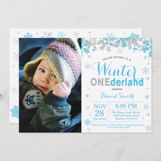 Invitation Winter Onederland Blue et Silver Boy 1er anniversa (Devant / Derrière)