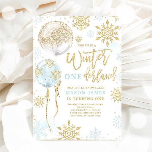 Invitation Winter Onederland Blue Gold Snowflake Anniversaire