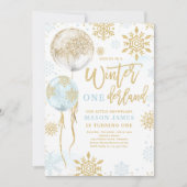 Invitation Winter Onederland Blue Gold Snowflake Anniversaire (Devant)