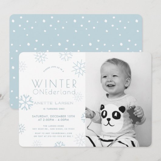 Invitation Winter Onederland Blue Photo 1er anniversaire (Devant / Derrière)