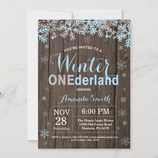 Invitation Winter Onederland Blue Silver Boy 1er anniversaire (Devant)