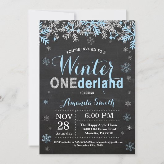 Invitation Winter Onederland Blue Silver Boy 1er anniversaire (Devant)