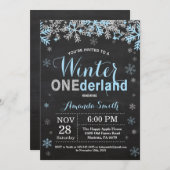 Invitation Winter Onederland Blue Silver Boy 1er anniversaire (Devant / Derrière)